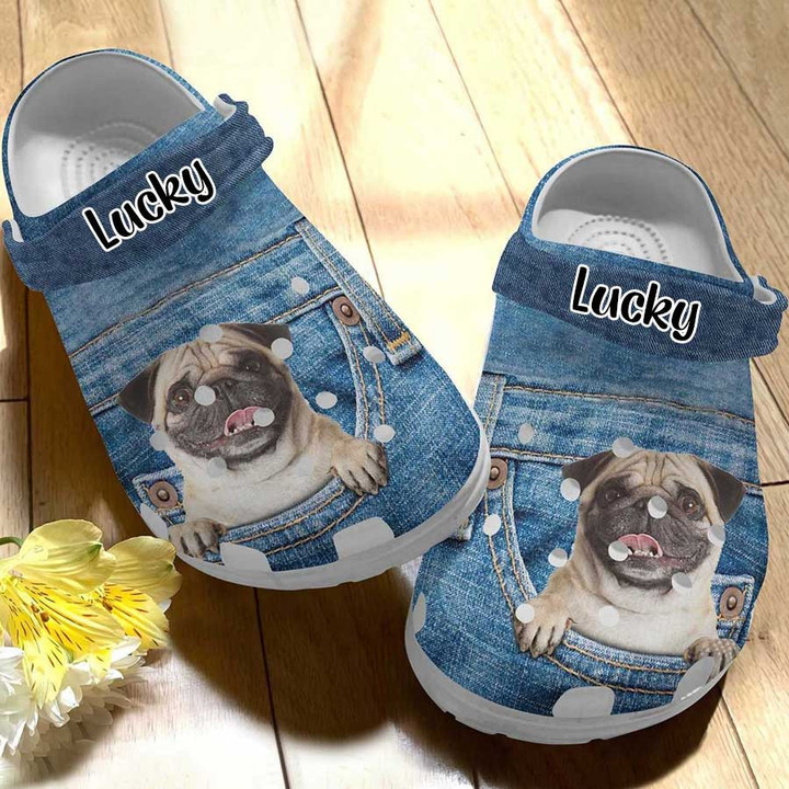 Personalized Yellow Pug in Pocket Crocs Clog Shoes for Dog Mom, Dog Dad