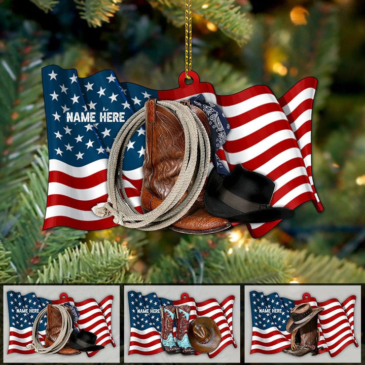 Personalized American Flag Cowgirl Boots And Hat Acrylic Ornament Christmas Gift for Cowgirl