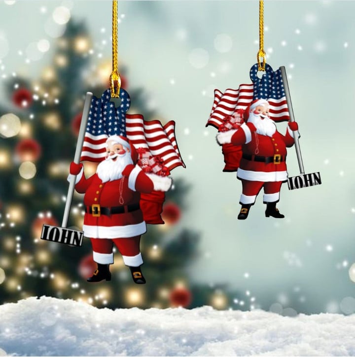 Personalized Santa Claus Hold American Flag Custom Shaped Acrylic Ornament for Home