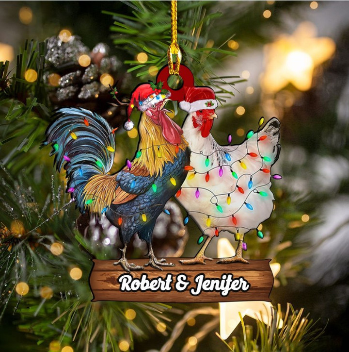 Personalized Chicken Couple Christmas Ornament for Husband and Wife, Custom Shaped Acrylic Ornament