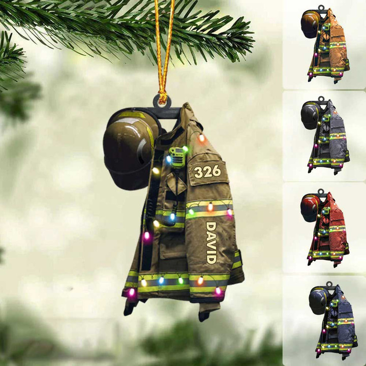 Firefighter Suits With Christmas Light - Personalized Flat Ornament - Gift For Firefighters