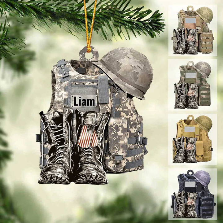 Personalize Military Uniform Boots & Helmet Christmas Ornament, Custom Name Veteran All Part Military Ornament for Dad
