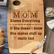 Customized Funny Mom Knows Everything Engraved Cutting Board, She makes stuff up really fast
