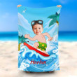 Custom Photo Face Boy Beach Towel, Funny Surfing Boy on the Beach Bath Towel, Beach Towel