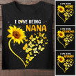 Personalized I Love Being Nana Heart Butterflies With Sunflower Shirt For Grandma