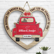 Personalized Couple Red Truck Wall Decor Bedroom for Husband and Wife, God Blessed The Broken Road Shaped Wood Sign