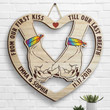 Customized Couple Hand in Hand Bedroom Wall Decor, From Our First Kiss Till Our Last Breath Shaped Wooden Sign Hanging