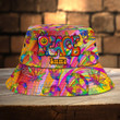 Personalized Colorful Hippie Peace Art Bucket Hat, Custom Name Hippie Girl Poppy Leaves Hats