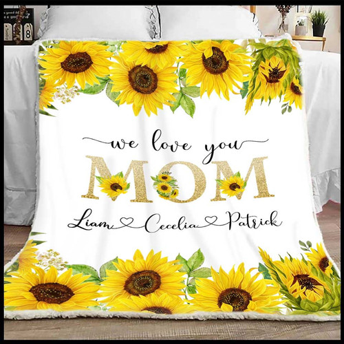 Personalized Sunflower Blanket for Mom, Mother Sherpa Blanket, We love you Throw Blanket with Kids Names