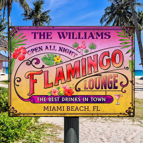 Personalized Flamingo Lounge, Beach Sign, Flamingo Sign Vintage Metal Wall Art for Beach House Owner Summer Decor