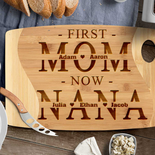 Personalized First Mom Now Grandma Cutting Board with Kid Names, Grandma Birthday Gift Kitchen Utensils