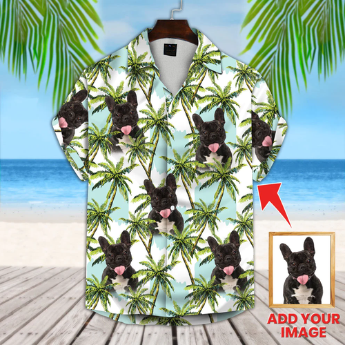Floral Summer With Palm Trees Pattern Short-Sleeve Hawaiian Shirt, Custom Photo Dog Shirt for Men Women