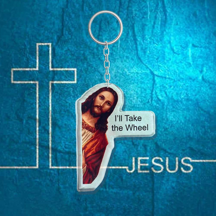 Jesus 'I'll Take the Wheel' Keychain, Flat Acrylic Jesus Keychain, Christian Keychain for Christian