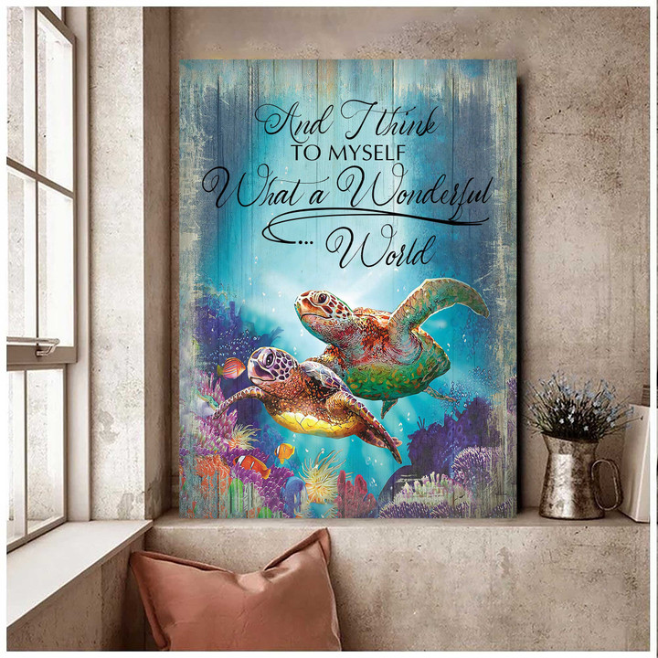 Colorful Turtle beach, Turtle Painting, What a wonderful world Canvas Prints for Turtle Lovers Bedroom Wall Art