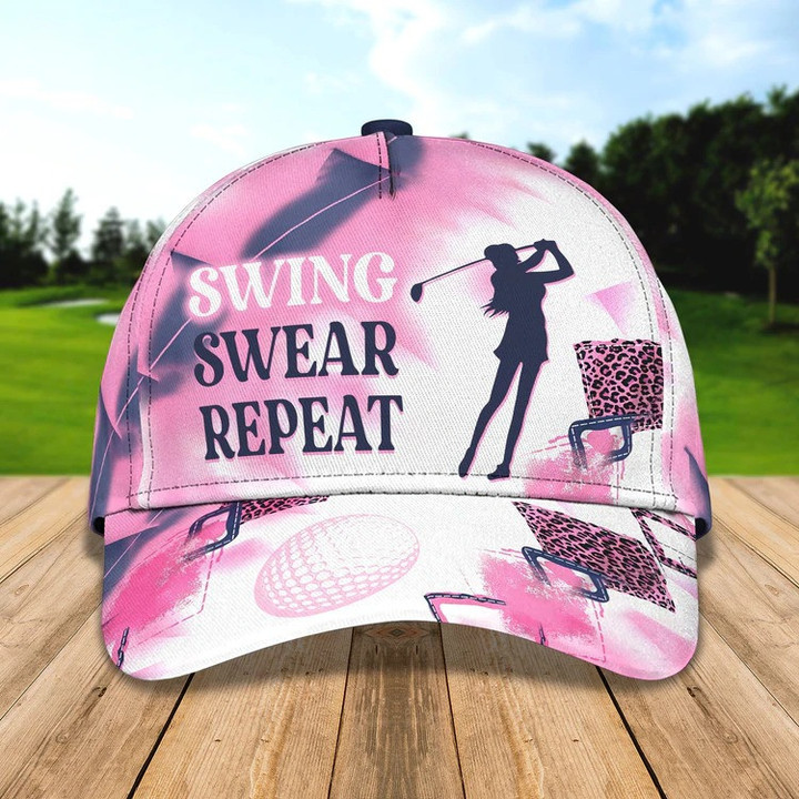 Personalized Swing Swear Repeat Golf Cap for Women, 3D Classic Cap All Over Print for Golf Women Player