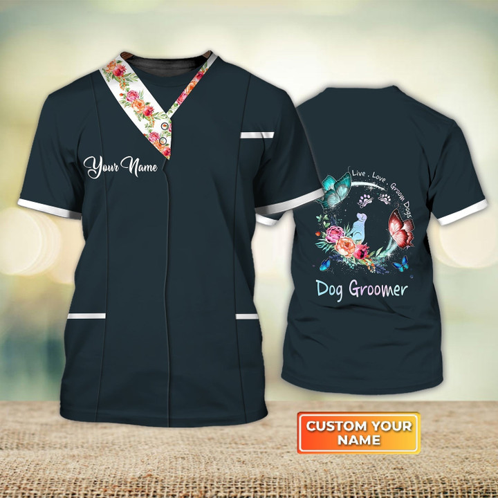 Custom Name 3D Flower Dog Groomer T Shirt Pet Groomer Uniform Black Salon Pet