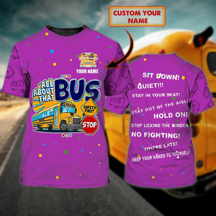 Custom 3D Purple Bus T Shirt, All About That School Bus Tshirt Men Women, Funny School Bus Shirts