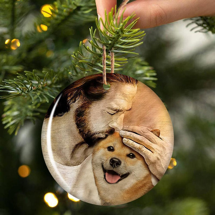 Shiba Inu With Jesus Hug in Hand Ceramic Ornament for Dog Lovers