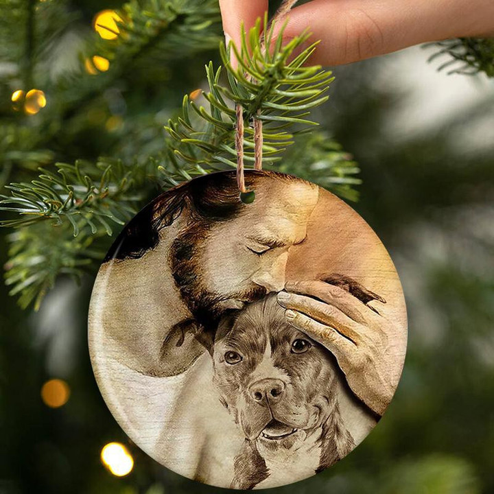 Pit Bull With Jesus Hug in Hand Ceramic Ornament for Dog Lovers