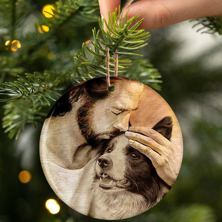Border Collie With Jesus Hug in Hand Ceramic Ornament for Dog Lovers