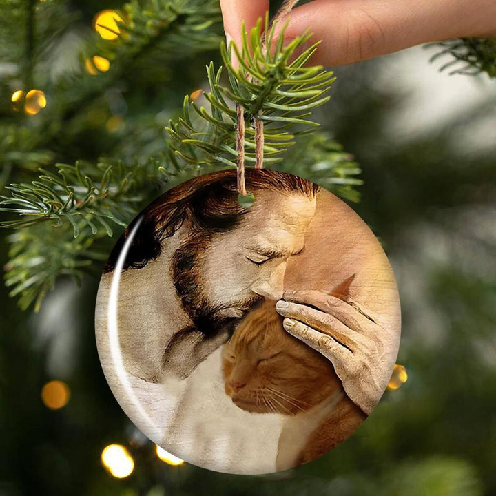 Ginger Cat With Jesus Hug in Hand Ceramic Ornament for Dog Lovers