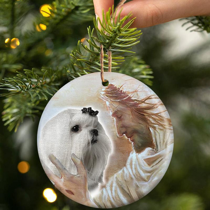 Maltese With God Ceramic Ornament Dog Christmas Ornament