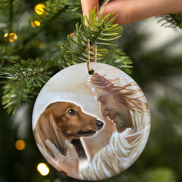 Long Haired Dachshund With God Ceramic Ornament Dog Christmas Ornament