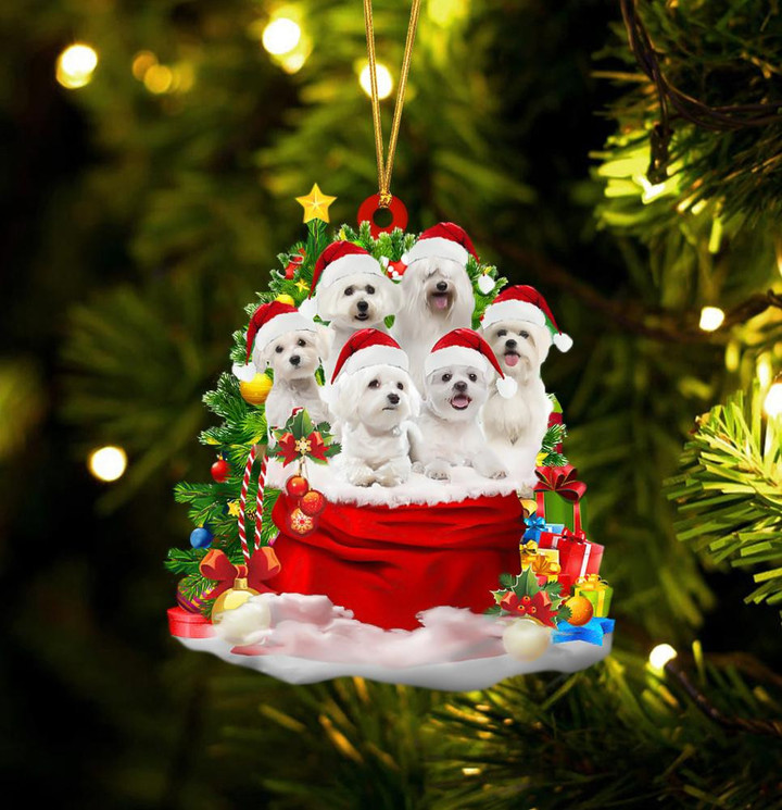 Maltese Dogs In A Gift Bag Christmas Ornament Flat Acrylic Dog Ornament