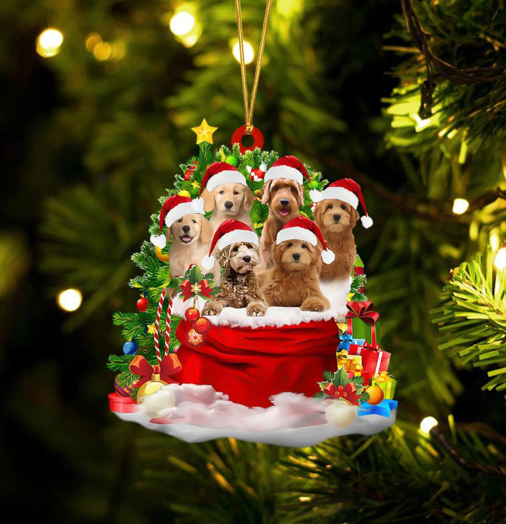 Goldendoodle Dogs In A Gift Bag Christmas Ornament Flat Acrylic Dog Ornament