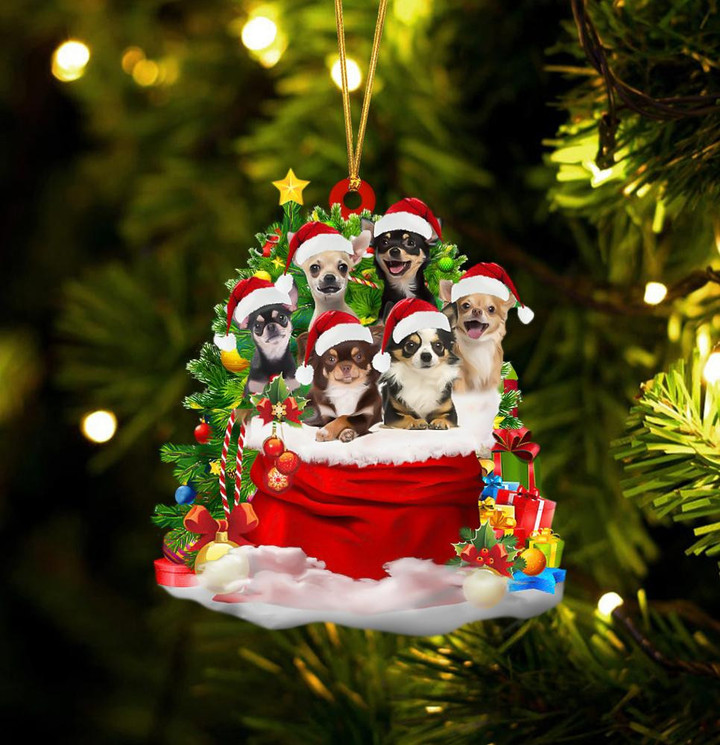Chihuahua Dogs In A Gift Bag Christmas Ornament Flat Acrylic Dog Ornament