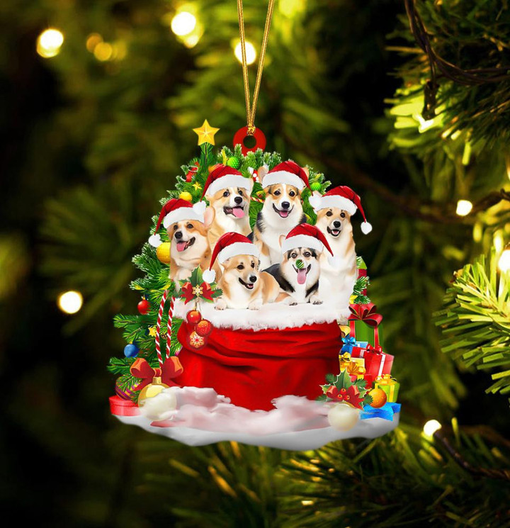 Welsh Corgi Dogs In A Gift Bag Christmas Ornament Flat Acrylic Dog Ornament