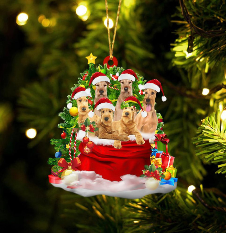 Irish Terrier Dogs In A Gift Bag Christmas Ornament Flat Acrylic Dog Ornament