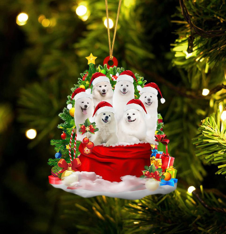 Samoyed Dogs In A Gift Bag Christmas Ornament Flat Acrylic Dog Ornament