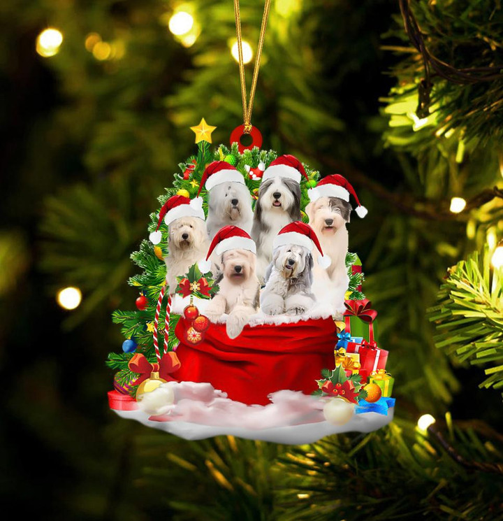 Old English Sheepdog Dogs In A Gift Bag Christmas Ornament Flat Acrylic Dog Ornament