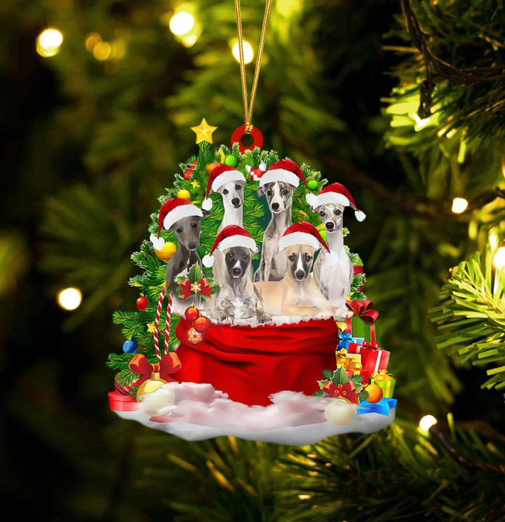 Whippet Dogs In A Gift Bag Christmas Ornament Flat Acrylic Dog Ornament