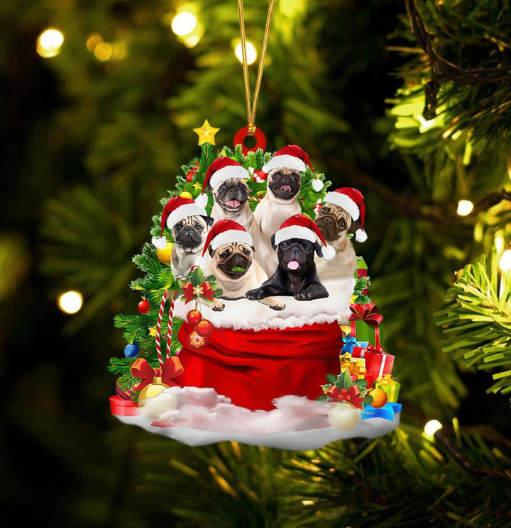 Pug Dogs In A Gift Bag Christmas Ornament Flat Acrylic Dog Ornament