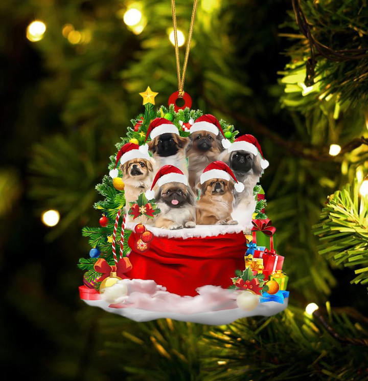 Pekingese Dogs In A Gift Bag Christmas Ornament Flat Acrylic Dog Ornament