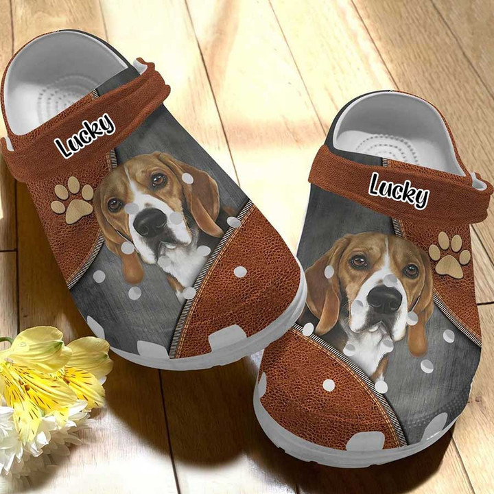 Personalized Beagle Leather Pattern Crocs, Custom Name Beagle Clog Shoes