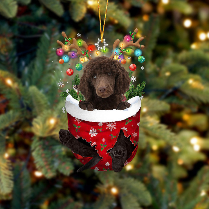 Chocolate Standard Poodle In Snow Pocket Christmas Ornament Flat Acrylic Dog Ornament