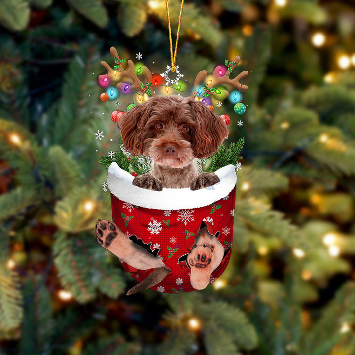 Red Schnoodle In Snow Pocket Christmas Ornament Flat Acrylic Dog Ornament