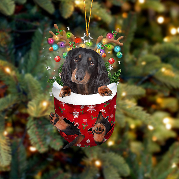 Black Long Haired Dachshund In Snow Pocket Christmas Ornament Flat Acrylic Dog Ornament
