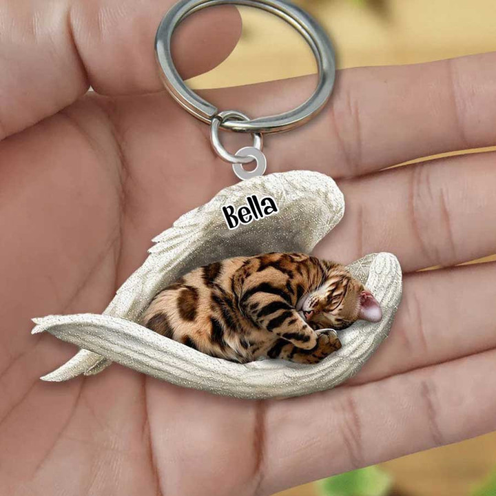 Bengal Cat Sleeping in the Wing Angel Acrylic Keychain Memorial Gift for Cat Lovers