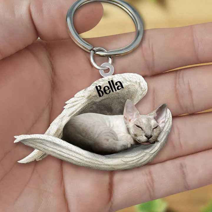 Devon Rex Cat Sleeping in the Wing Angel Acrylic Keychain Memorial Gift for Cat Lovers