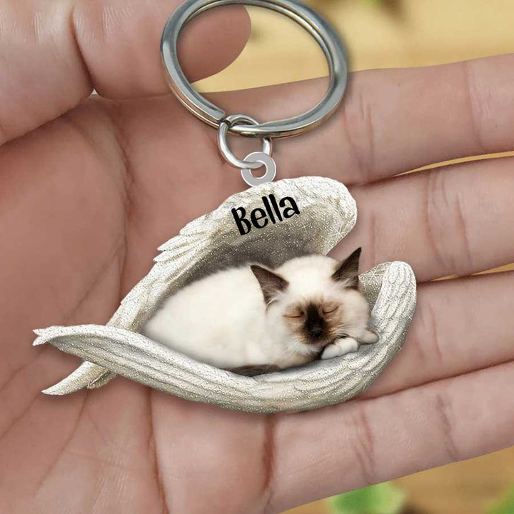 Birman Cat Sleeping in the Wing Angel Acrylic Keychain Memorial Gift for Cat Lovers