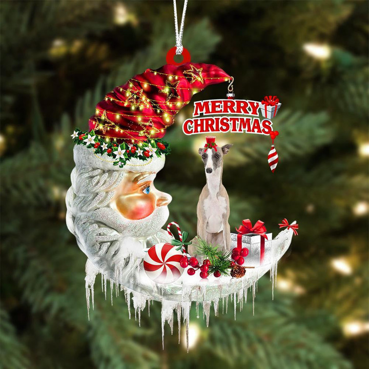 Whippet On The Moon Merry Christmas Hanging Ornament Flat Acrylic Dog Ornament