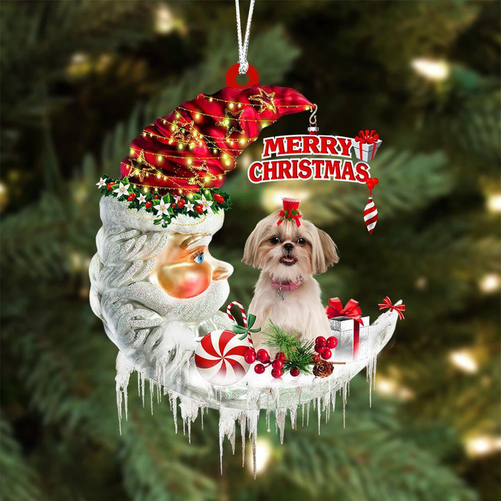 Shih Tzu On The Moon Merry Christmas Hanging Ornament Flat Acrylic Dog Ornament
