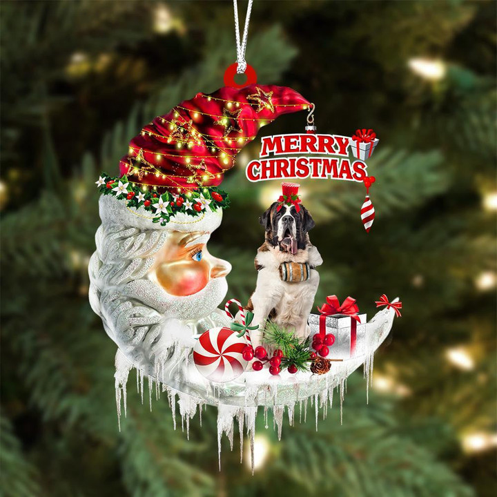 Saint Bernard On The Moon Merry Christmas Hanging Ornament Flat Acrylic Dog Ornament