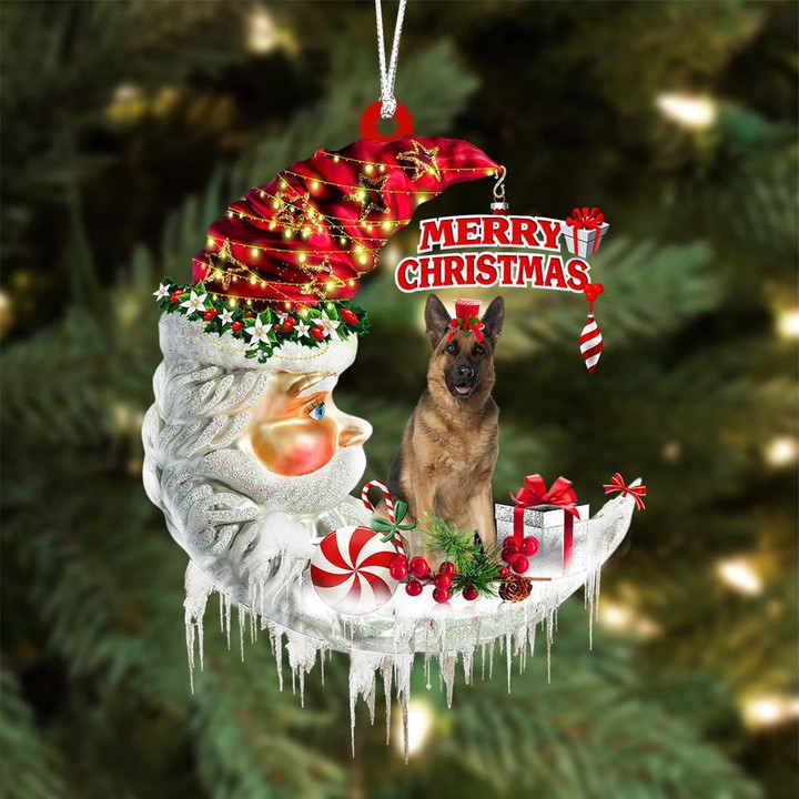 German Shepherd On The Moon Merry Christmas Hanging Ornament Flat Acrylic Dog Ornament