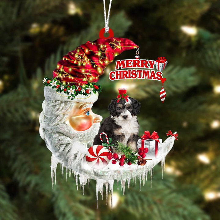 Bernedoodle On The Moon Merry Christmas Hanging Ornament Flat Acrylic Dog Ornament
