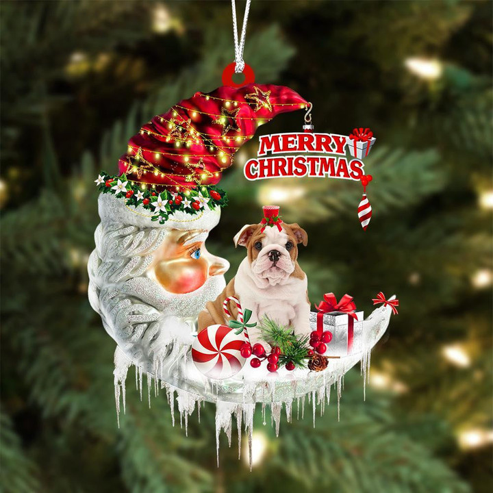 English Bulldog On The Moon Merry Christmas Hanging Ornament Flat Acrylic Dog Ornament